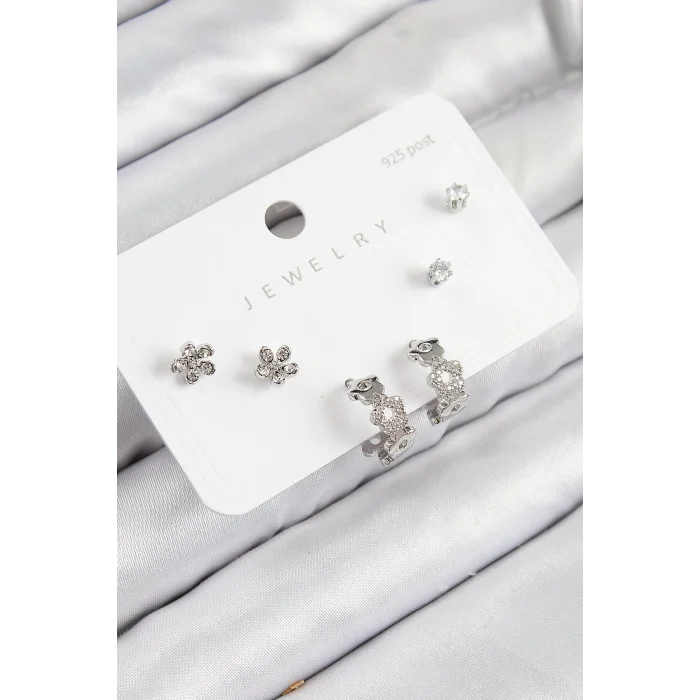 Pirinç Zirkon Taşlı Halka Model Gümüş Renk 925 Ayar Gümüş Çivi Kadın Küpe Set