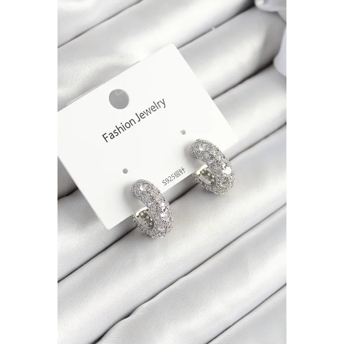 Pirinç Zirkon Taşlı Halka Model Gümüş Renk Kadın Küpe