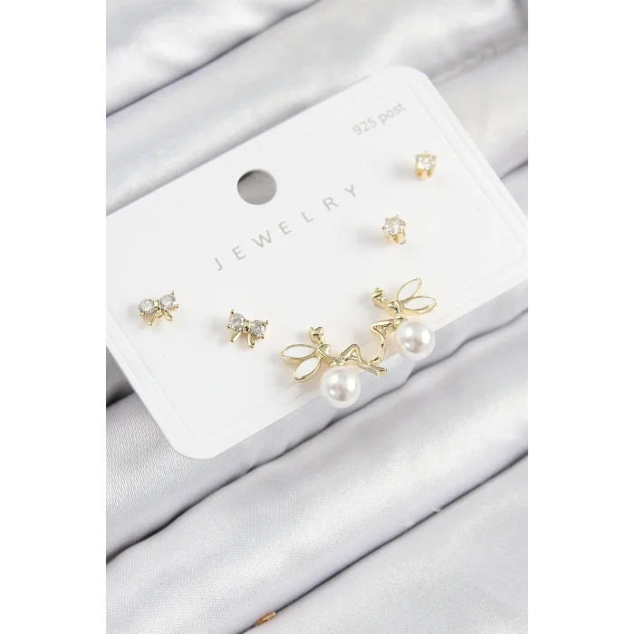 Pirinç Zirkon Taşlı İnci Melek Model Gold Renk 925 Ayar Gümüş Çivi Kadın Küpe Set