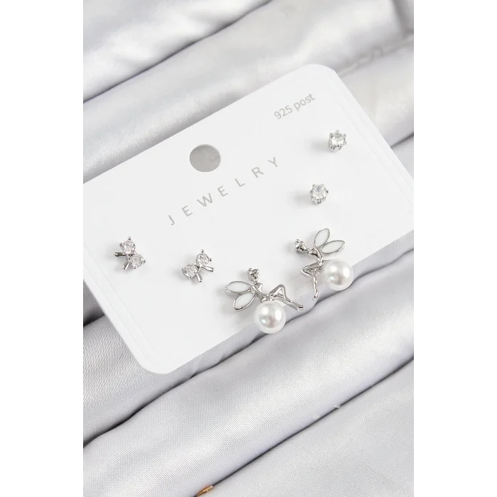 Pirinç Zirkon Taşlı İnci Melek Model Gümüş Renk 925 Ayar Gümüş Çivi Kadın Küpe Set