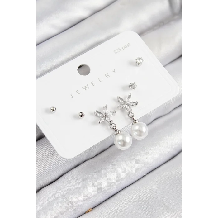 Pirinç Zirkon Taşlı İnci Sallantılı Çiçek Model Gümüş Renk 925 Ayar Gümüş Çivi Kadın Küpe Set