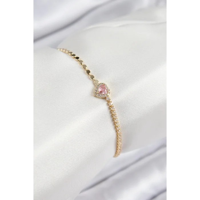 Pirinç Zirkon Taşlı Kalp Model Ezme Zincir Gold Renk Kadın Bileklik