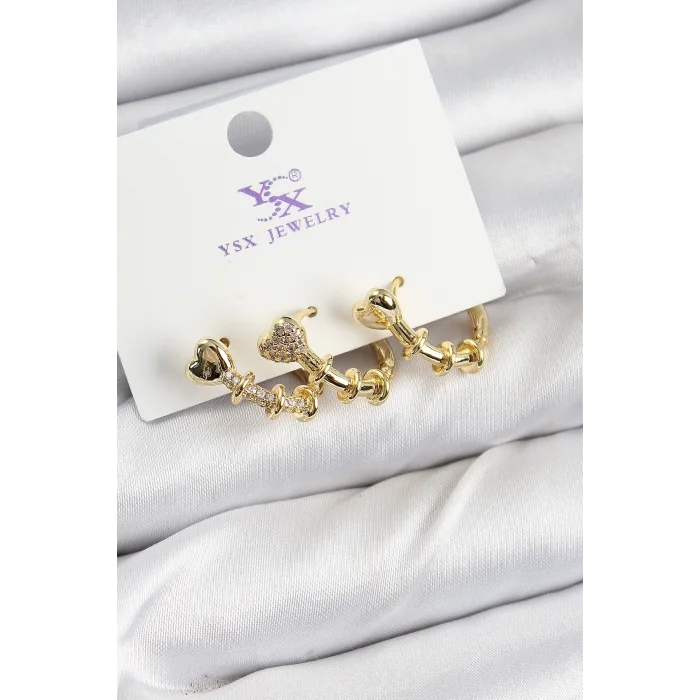 Pirinç Zİrkon Taşlı Kalp Model Gold Renk 3lü Kadın Küpe