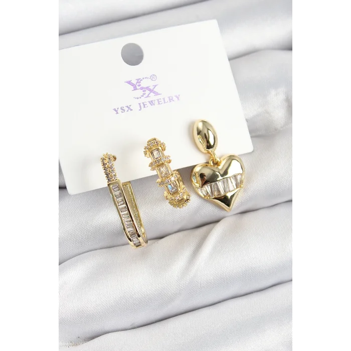 Pirinç Zİrkon Taşlı Kalp Model Gold Renk 3lü Kadın Küpe