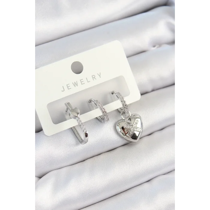 Pirinç Zirkon Taşlı Kalp Model Gümüş Renk 3lü Çift Kadın Küpe Set