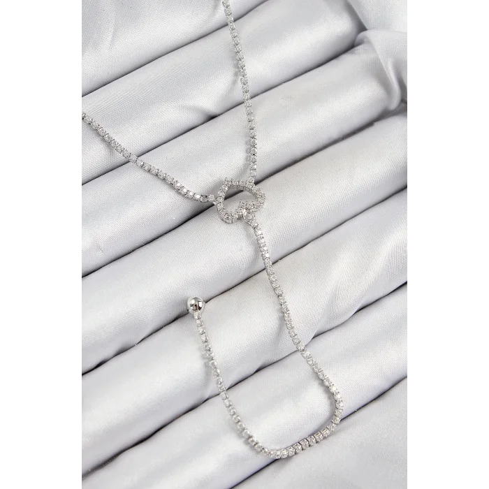 Pirinç Zirkon Taşlı Kalp Model Gümüş Renk  Y Kolye