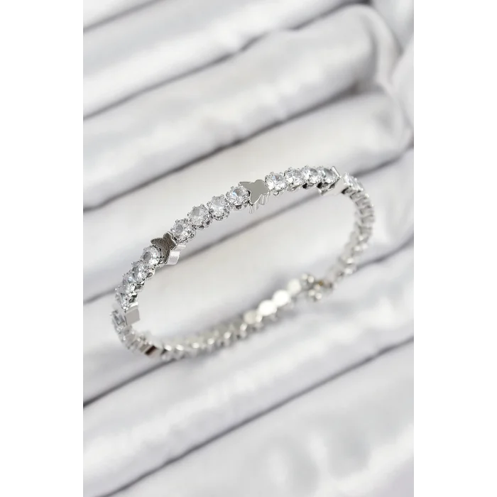 Pirinç Zirkon Taşlı Kalp Model Gümüş Renk Yaylı Kadın Bileklik