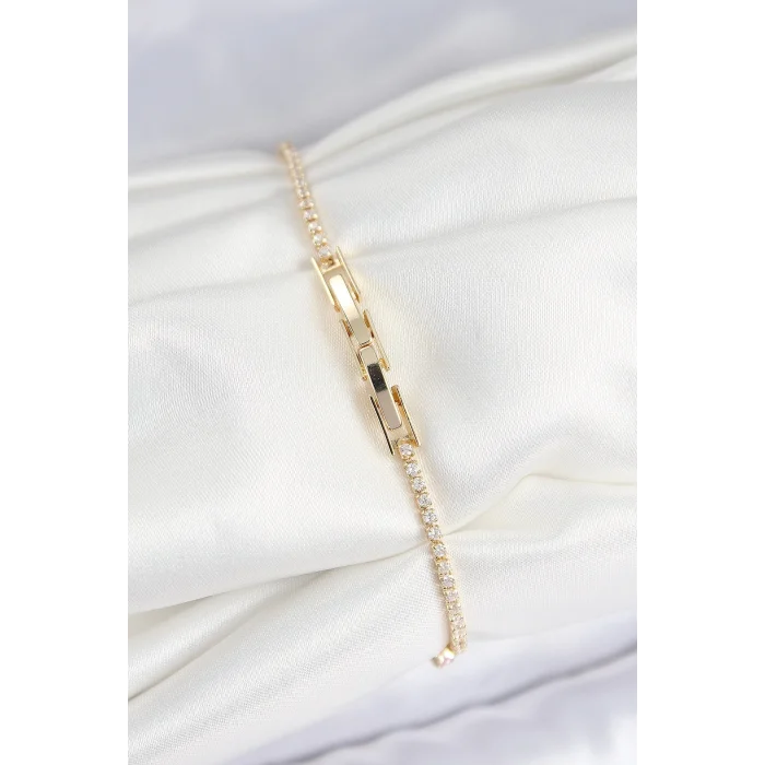 Pirinç Zirkon Taşlı Kare Model Gold Renk Kadın Bilekilk