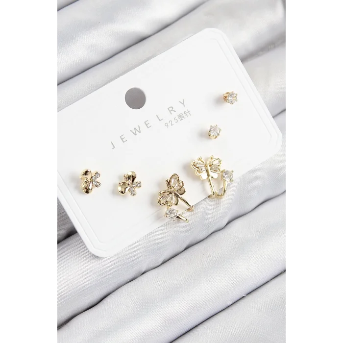 Pirinç Zirkon Taşlı Kelebek Model Gold Renk 925 Ayar Gümüş Çivi Kadın Küpe Set