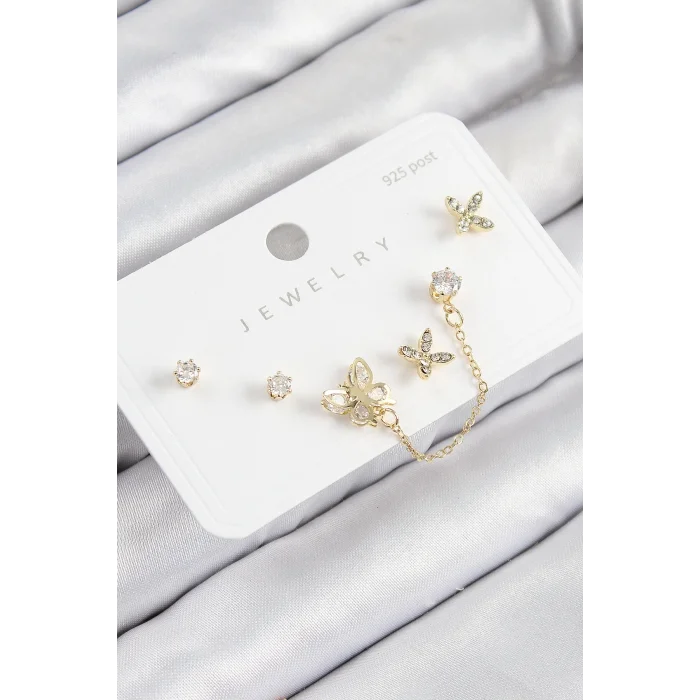 Pirinç Zirkon Taşlı Kelebek Model Gold Renk 925 Ayar Gümüş Çivi Kadın Küpe Set