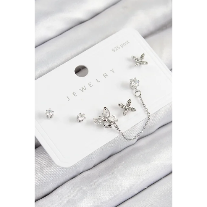 Pirinç Zirkon Taşlı Kelebek Model Gümüş Renk 925 Ayar Gümüş Çivi Kadın Küpe Set