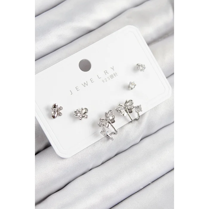 Pirinç Zirkon Taşlı Kelebek Model Gümüş Renk 925 Ayar Gümüş Çivi Kadın Küpe Set