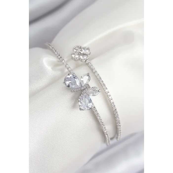 Pirinç Zirkon Taşlı Kelebek Ve Yonca Model Gümüş Renk Kadın Bileklik