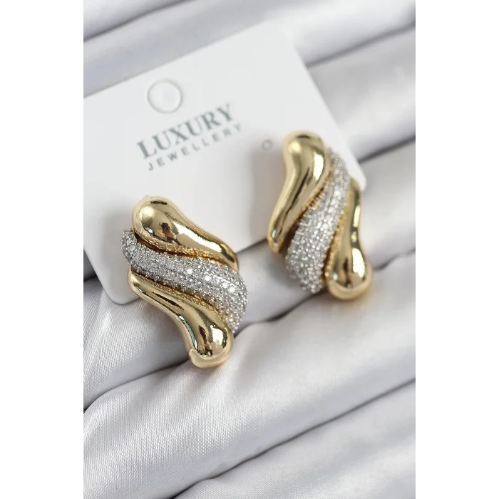 Pirinç Zirkon Taşlı Kıvrım Model Gold Renk Kadın Küpe