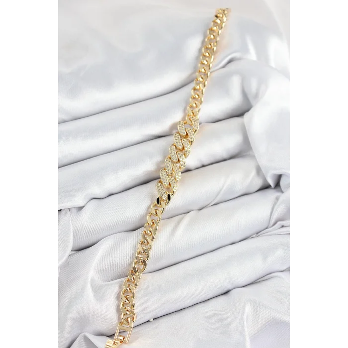 Pirinç Zirkon Taşlı Küba Zincir Model Gold Renk Kadın Bileklik