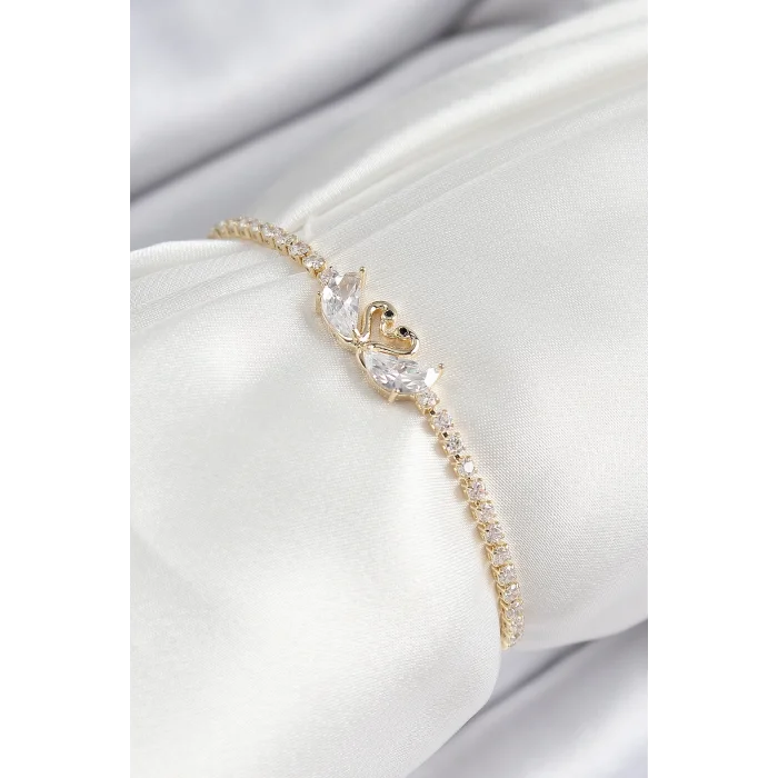 Pirinç Zirkon Taşlı Kuğu Model Gold Renk Asansörlü Kadın Bileklik