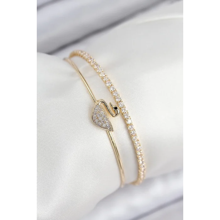 Pirinç Zirkon Taşlı Kuğu Model Gold Renk Kadın Bileklik