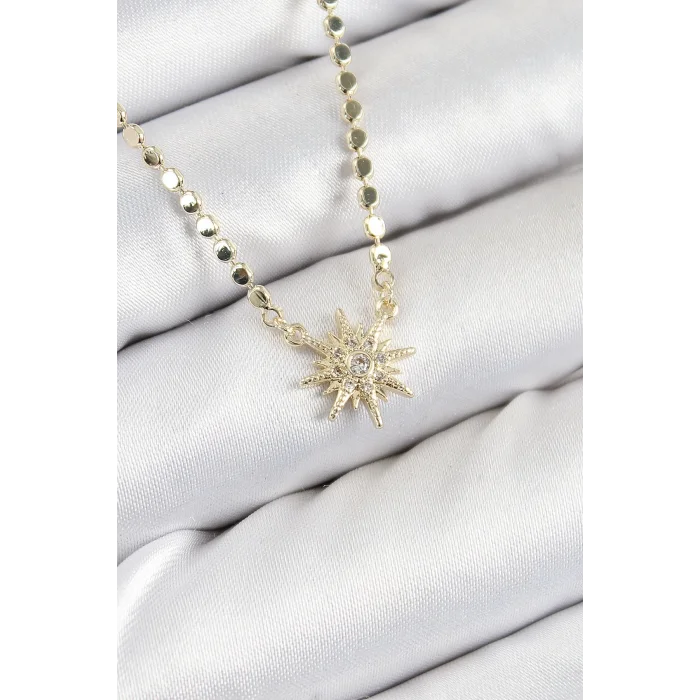 Pirinç Zirkon Taşlı Kutup Yıldızı Model Ezme Zincir Gold Renk Kadın Kolye