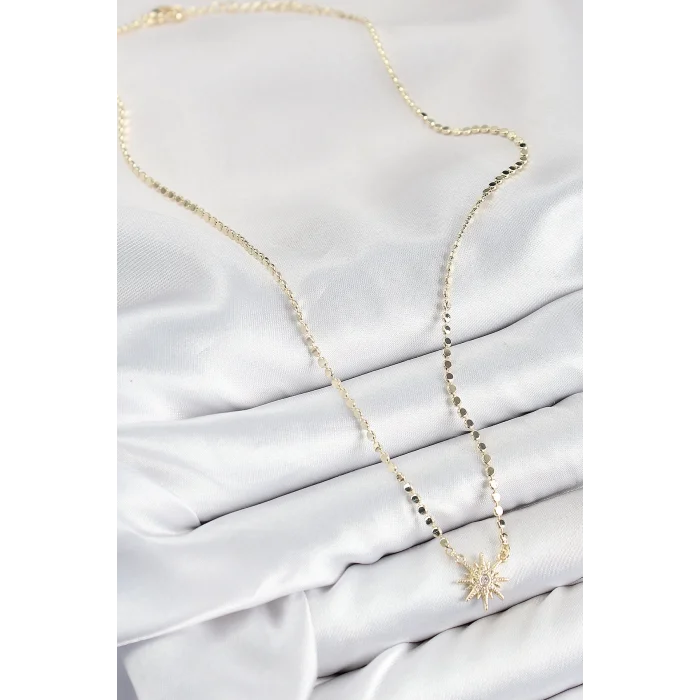 Pirinç Zirkon Taşlı Kutup Yıldızı Model Ezme Zincir Gold Renk Kadın Kolye