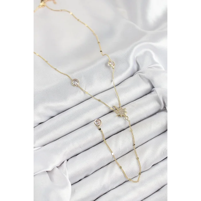 Pirinç Zirkon Taşlı Kutup Yıldızı Model Gold Renk Y Kolye