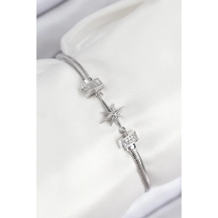 Pirinç Zirkon Taşlı Kutup Yıldızı Model Gümüş Renk Kadın Bileklik
