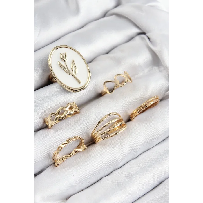 Pirinç Zirkon Taşlı Lale Model Gold Renk Kadın Yüzük Kombin Set