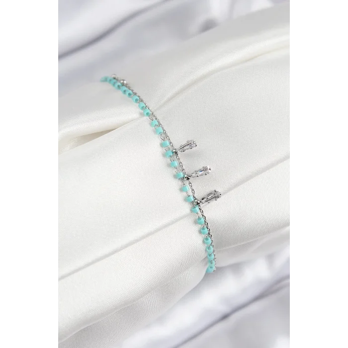 Pirinç Zirkon Taşlı Mavi Boncuklu Model Gümüş Renk Kadın Bileklik