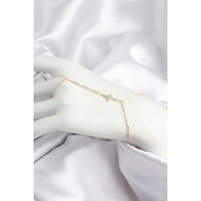 Pirinç Zirkon Taşlı Mavi Boncuklu Yonca Model Gold Renk Şahmeran