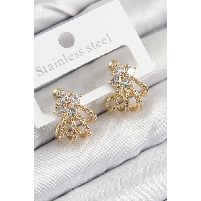 Pirinç Zirkon Taşlı Model Gold Renk Kadın Küpe