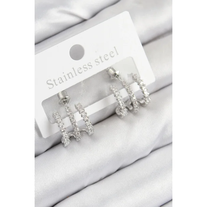 Pirinç Zirkon Taşlı Model Gümüş Renk Kadın Küpe