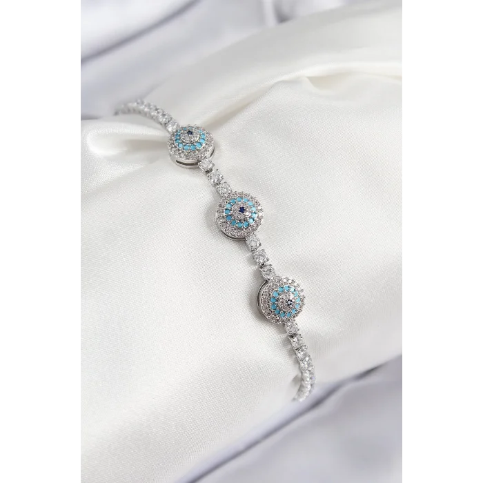 Pirinç Zirkon Taşlı Nazar Model Gümüş Renk Kadın Bileklik