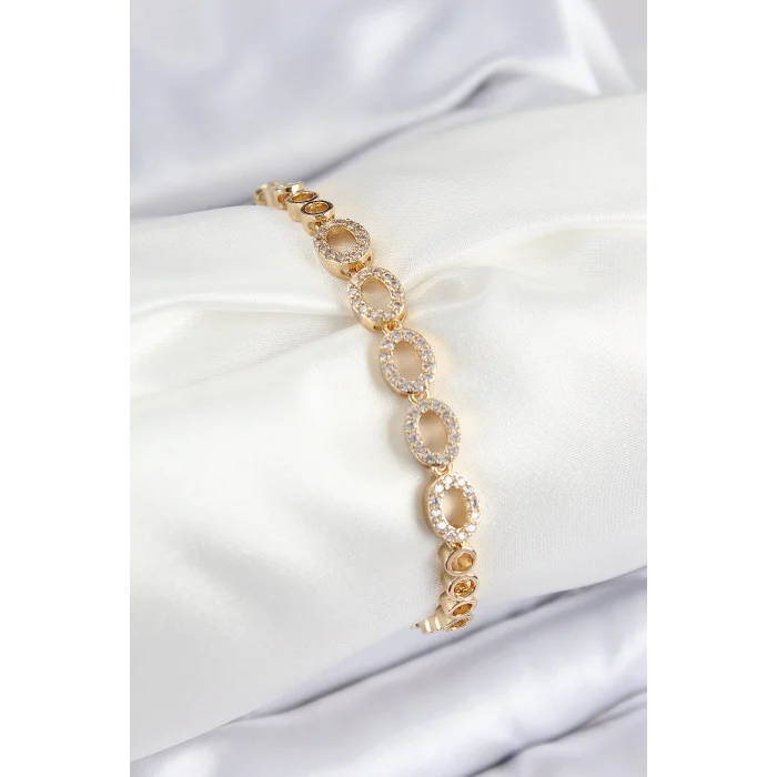 Pirinç Zirkon Taşlı Oval Model Gold Renk Kadın Bileklik