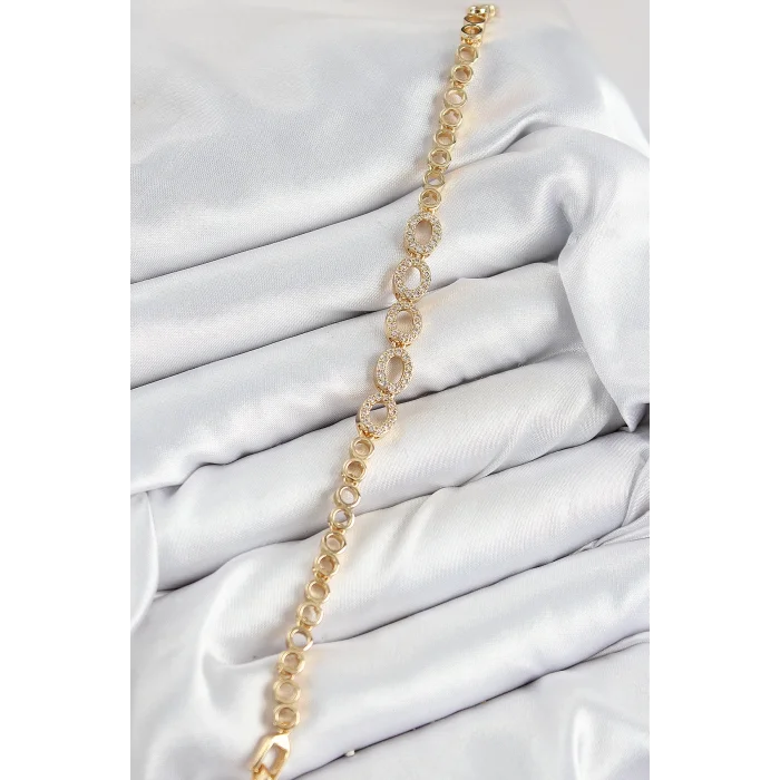 Pirinç Zirkon Taşlı Oval Model Gold Renk Kadın Bileklik