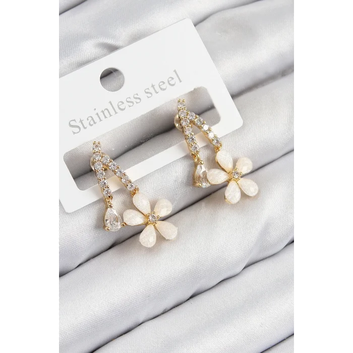 Pirinç Zirkon Taşlı Papatya Model Gold Renk Kadın Küpe