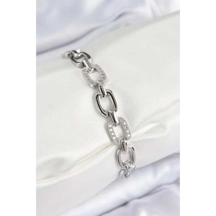 Pirinç Zirkon Taşlı Parçalı Zincir Model Gümüş Renk Kadın Bileklik