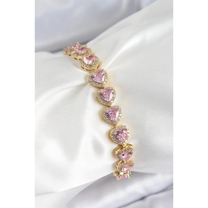 Pirinç Zirkon Taşlı Pembe Kalp Baget Model Gold Renk VIP Seri Kadın Bileklik