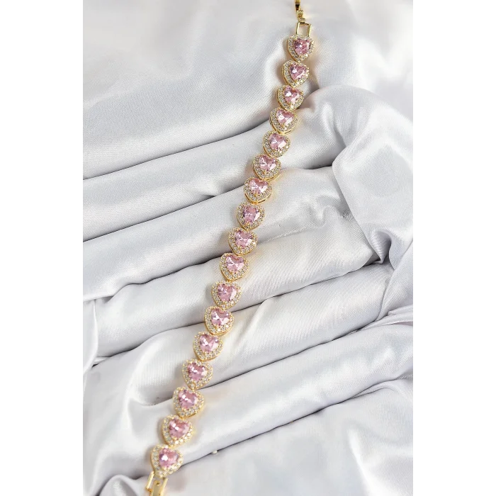 Pirinç Zirkon Taşlı Pembe Kalp Baget Model Gold Renk VIP Seri Kadın Bileklik
