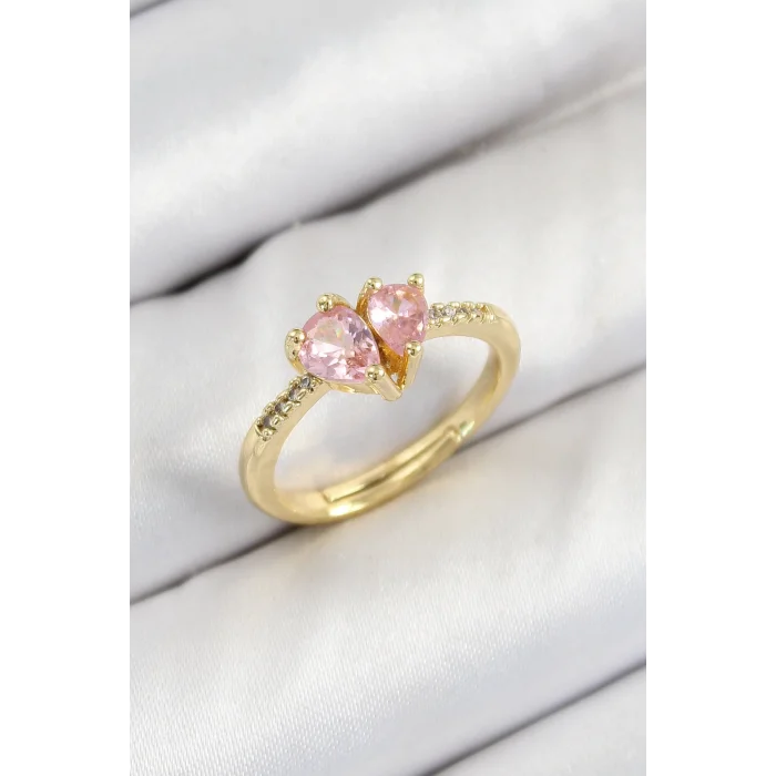 Pirinç Zirkon Taşlı Pembe Kalp Model Gold Renk Kadın Yüzük