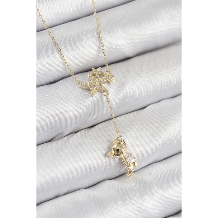 Pirinç Zirkon Taşlı Sallantılı Ayıcıklı Yıldız Model Gold Renk Kadın Kolye