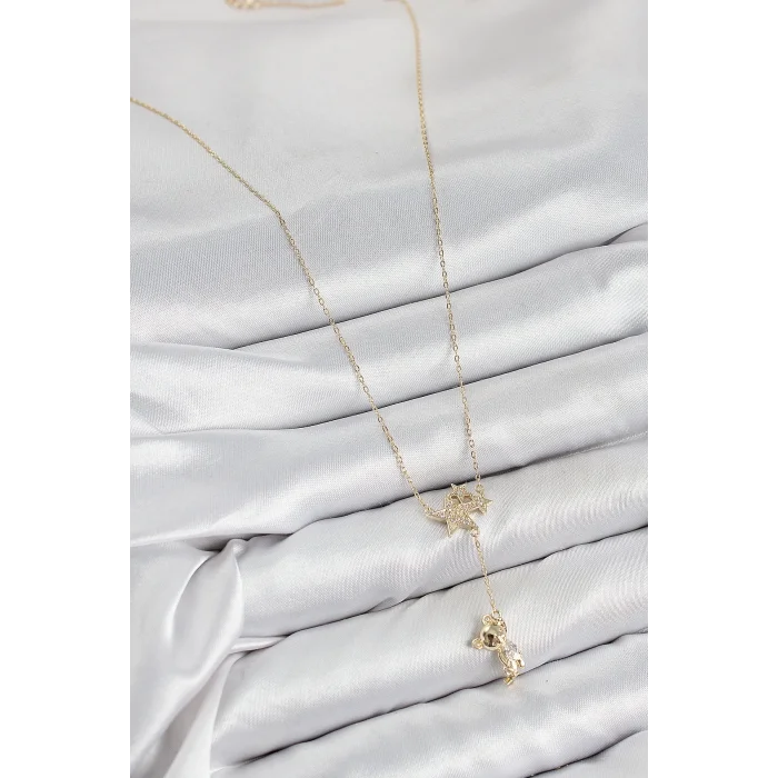 Pirinç Zirkon Taşlı Sallantılı Ayıcıklı Yıldız Model Gold Renk Kadın Kolye