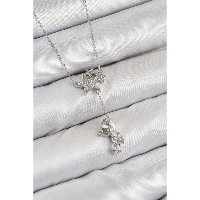 Pirinç Zirkon Taşlı Sallantılı Ayıcıklı Yıldız Model Gümüş Renk Kadın Kolye