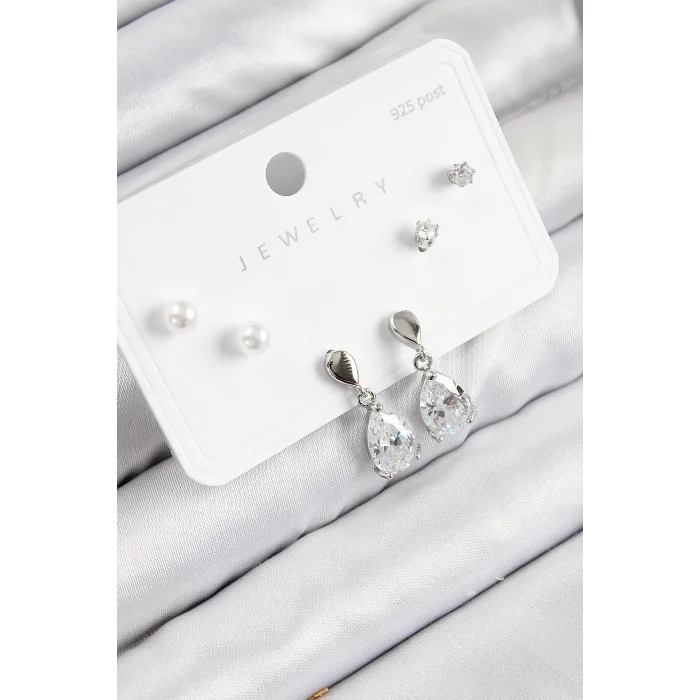 Pirinç Zirkon Taşlı Sallantılı Damla Model Gümüş Renk 925 Ayar Gümüş Çivi Kadın Küpe Set