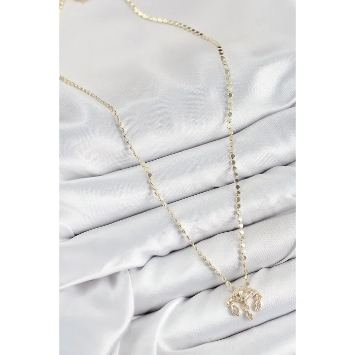 Pirinç Zirkon Taşlı Sallantılı Göz Model Ezme Zincir Gold Renk Kadın Kolye