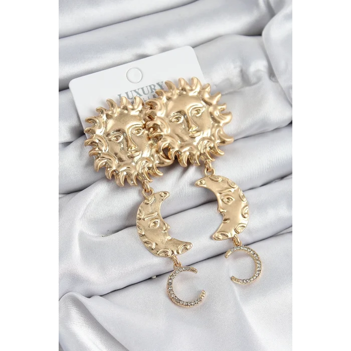 Pirinç Zirkon Taşlı Sallantılı Güneş Model Gold Renk Kadın Küpe