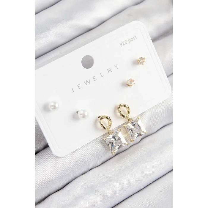 Pirinç Zirkon Taşlı Sallantılı Kare Model Gold Renk 925 Ayar Gümüş Çivi Kadın Küpe Set