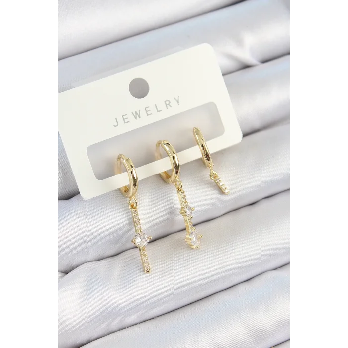Pirinç Zirkon Taşlı Sallantılı Model Gold Renk 3lü Çift Kadın Küpe Set