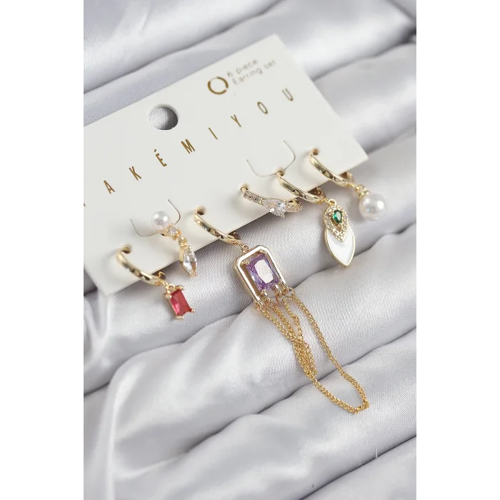 Pirinç Zirkon Taşlı Sallantılı Ve İncili Gold Renk 6lı Küpe Set