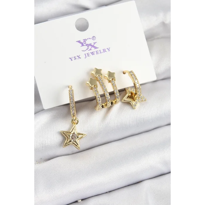 Pirinç Zİrkon Taşlı Sallantılı Yıldız Model Gold Renk 3lü Kadın Küpe