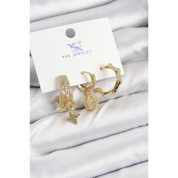 Pirinç Zİrkon Taşlı Sallantılı Yıldız Model Gold Renk 3lü Kadın Küpe