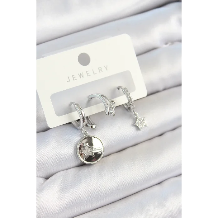 Pirinç Zirkon Taşlı Sallantılı Yıldız Model Gümüş Renk 3lü Çift Kadın Küpe Set